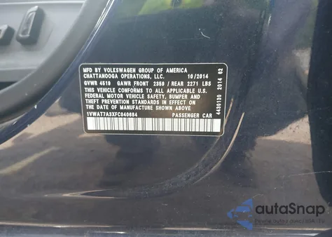 2015 Volkswagen Passat 1.8T Wolfsburg Edition из США, поврежденный, VIN 1VWAT7A3XFC040684